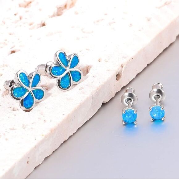 Opal & Diamond Flower Stud Earrings in White Gold | OpalPop 14K White Gold with Genuine Blue Fire Opal Flower Post Stud Earrings Set of 2